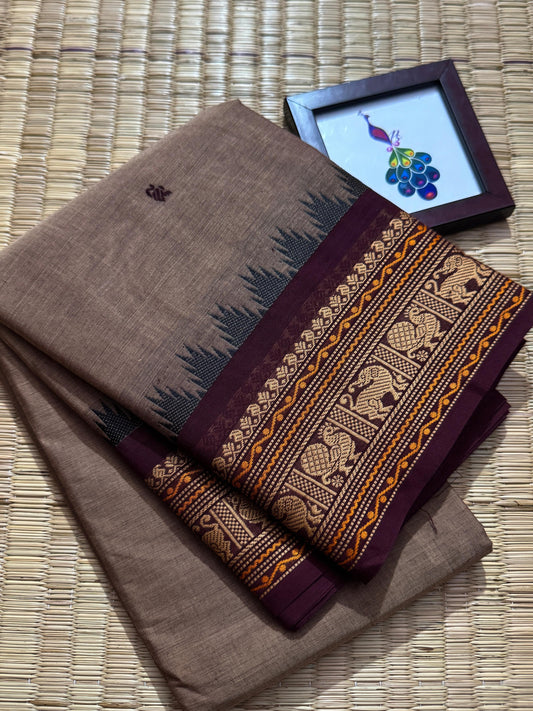 Chandrika Mist Kanchi Cotton Saree with Heritage Peacock Border