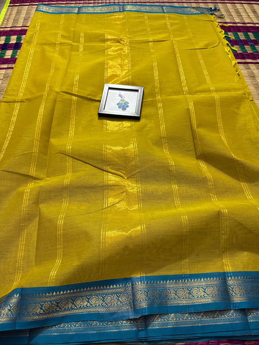 Yellow Elegant Kanchi Cotton Saree with Blue Rich Zari Border & Tassel Pallu