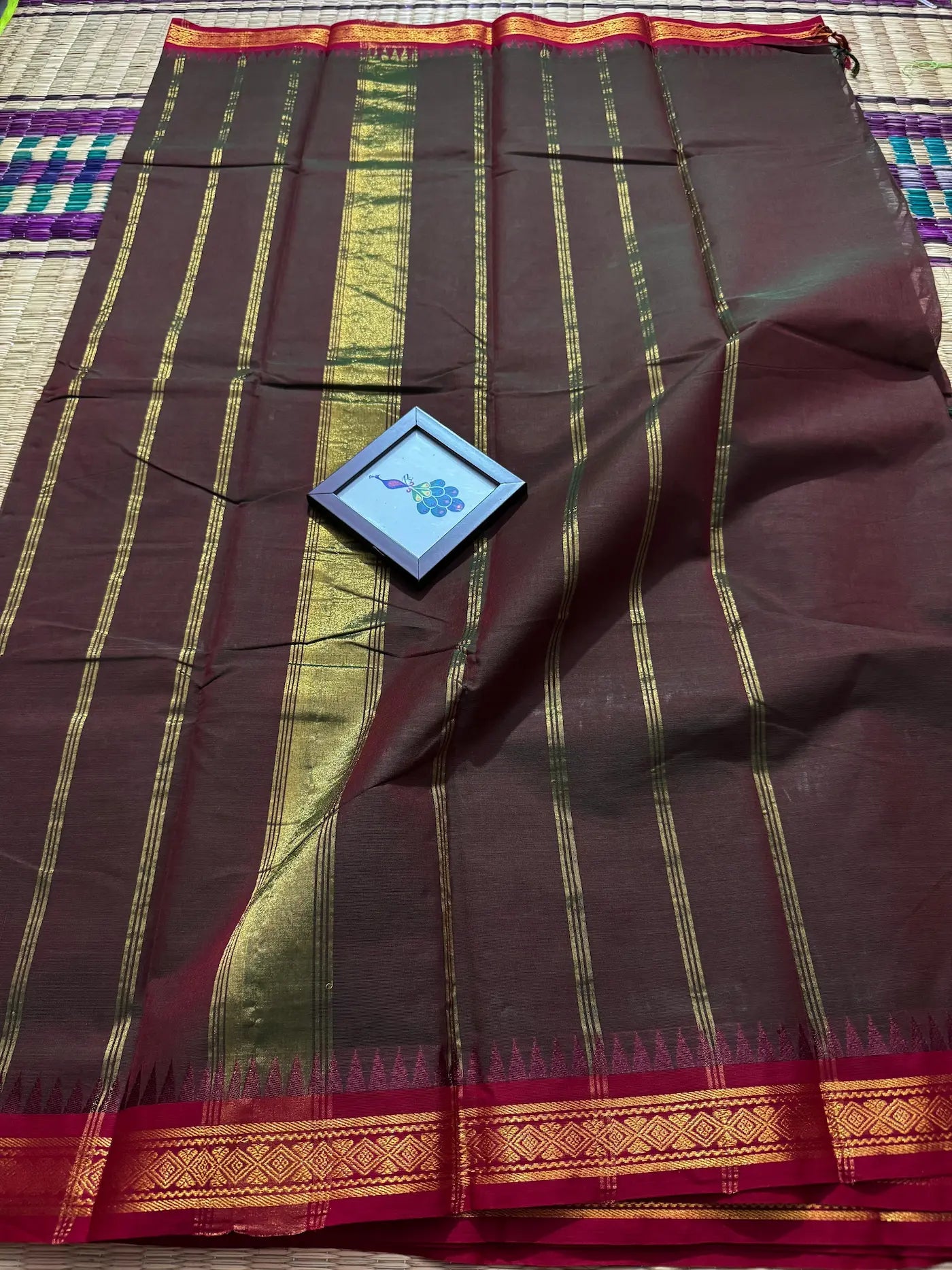 Coffee Bean Elegant Kanchi Cotton Saree with Rich Zari Border & Tassel Pallu