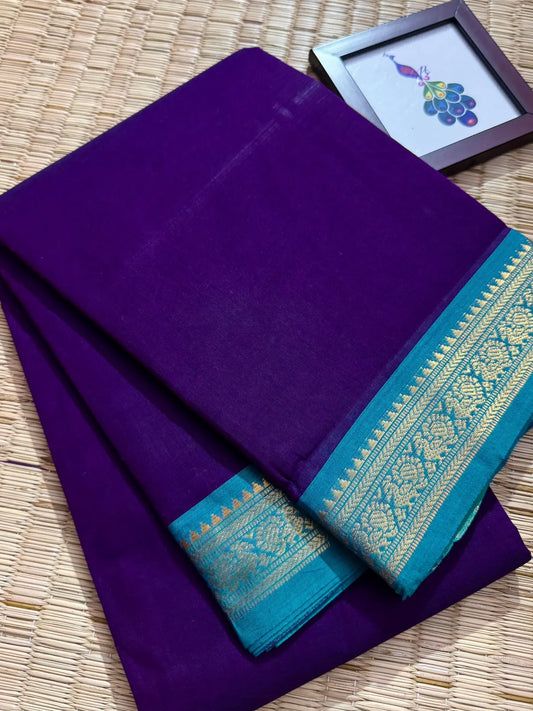 Royal Purple Elegant Kanchi Cotton Saree with Rich Zari Border & Tassel Pallu