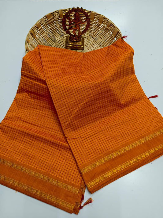 Mangalyam Mustard Orange Arani Checked Cotton Saree with Zari Border & Running Blouse