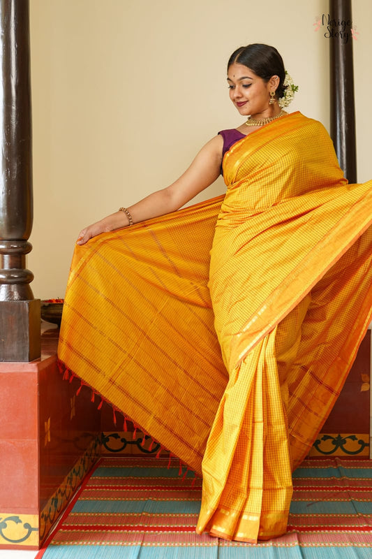 Mangalyam Golden Yellow Arani Checked Cotton Saree with Zari Border & Running Blouse