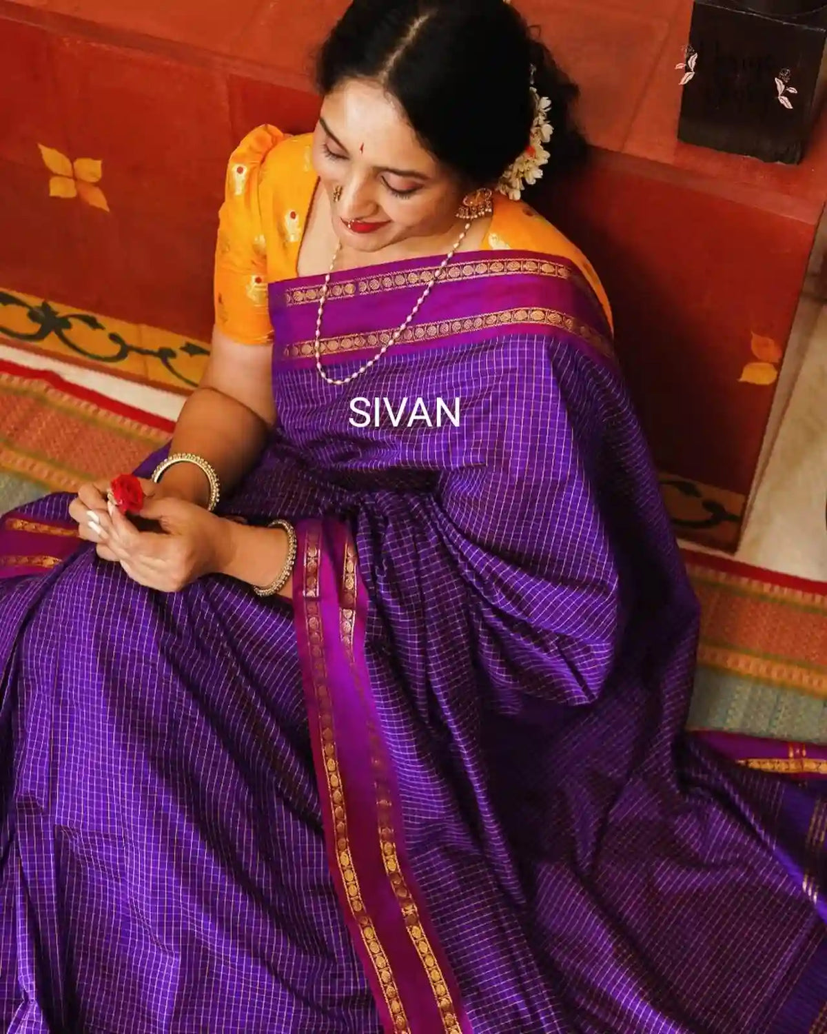 Mangalyam Royal Violet Arani Checked Cotton Saree