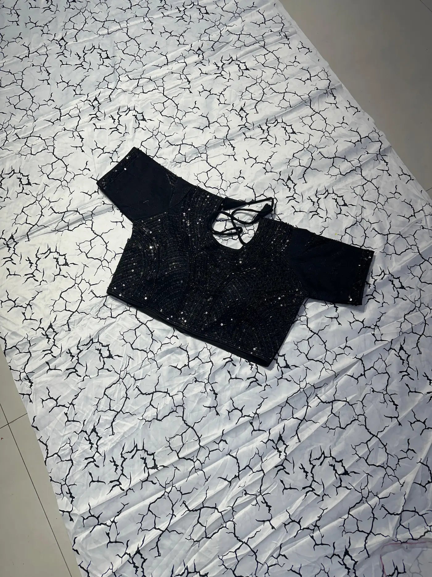 White & Black Crack Print Marshmallow Saree with Heavy Handwork Stitched Blouse