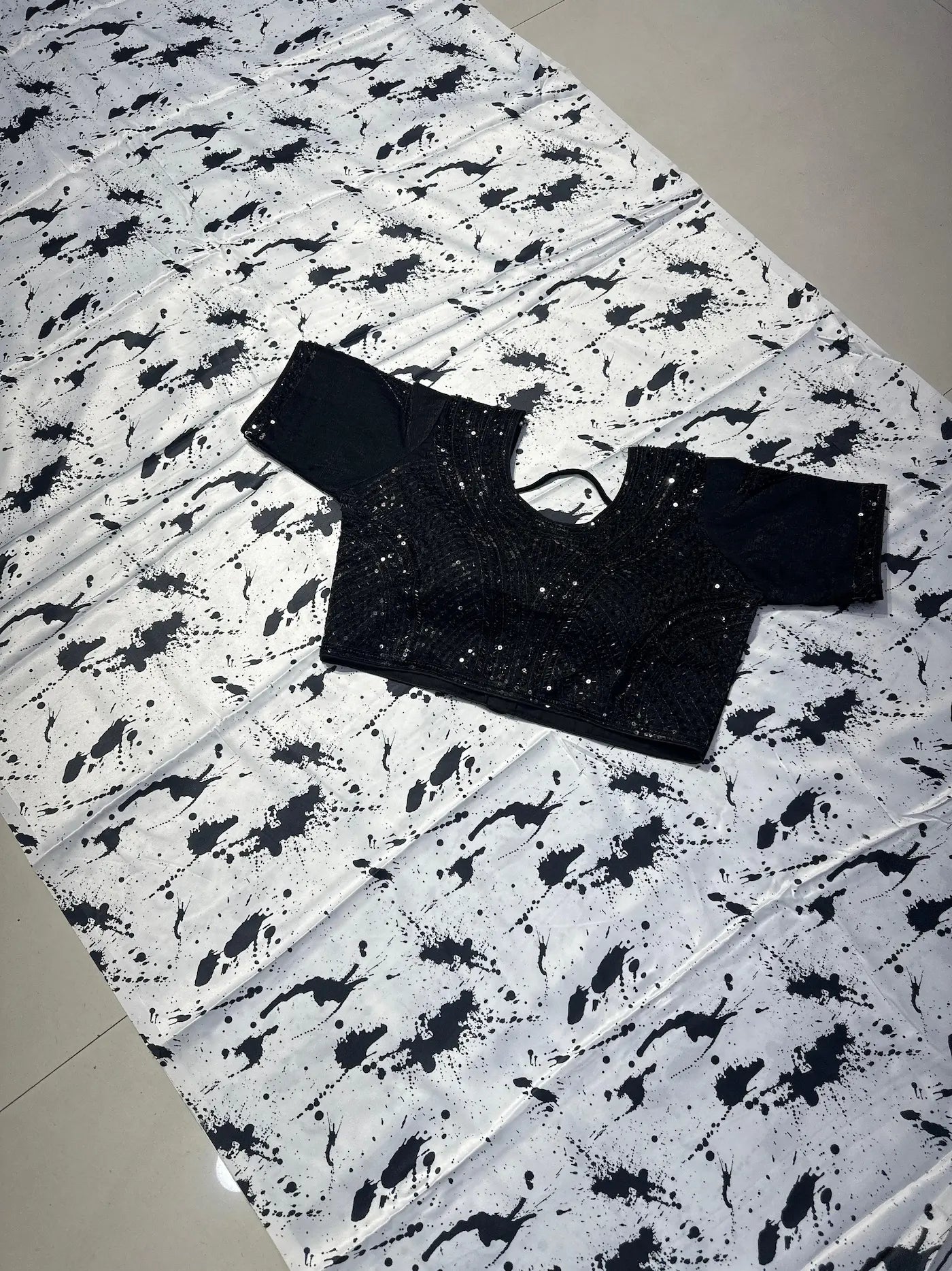 Black & White Splash Print Marshmallow Saree with Heavy Handwork Stitched Blouse