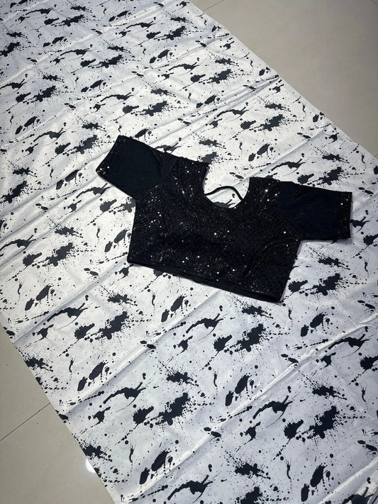 Black & White Splash Print Marshmallow Saree with Heavy Handwork Stitched Blouse
