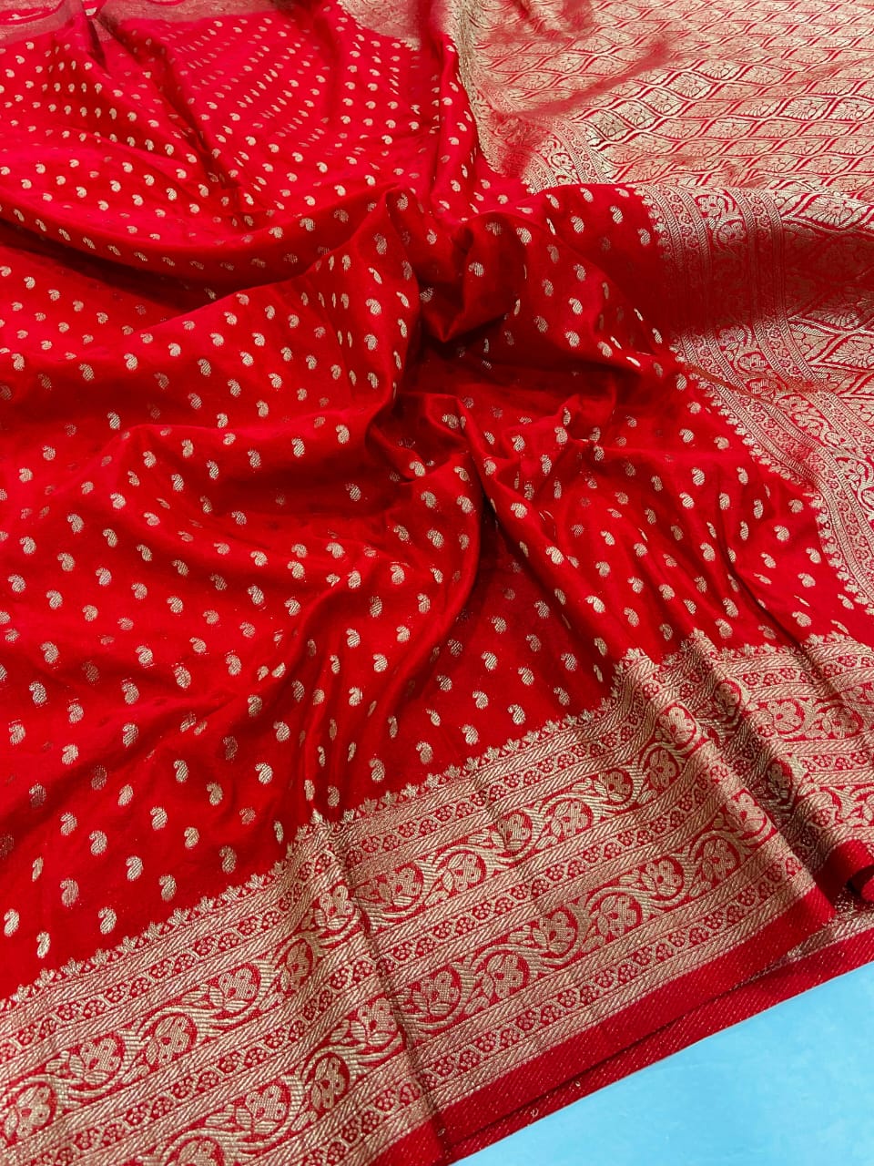 Red Pure Khadi Georgette Silk Saree with Rich Zari Butti & Pichwai Woven Border
