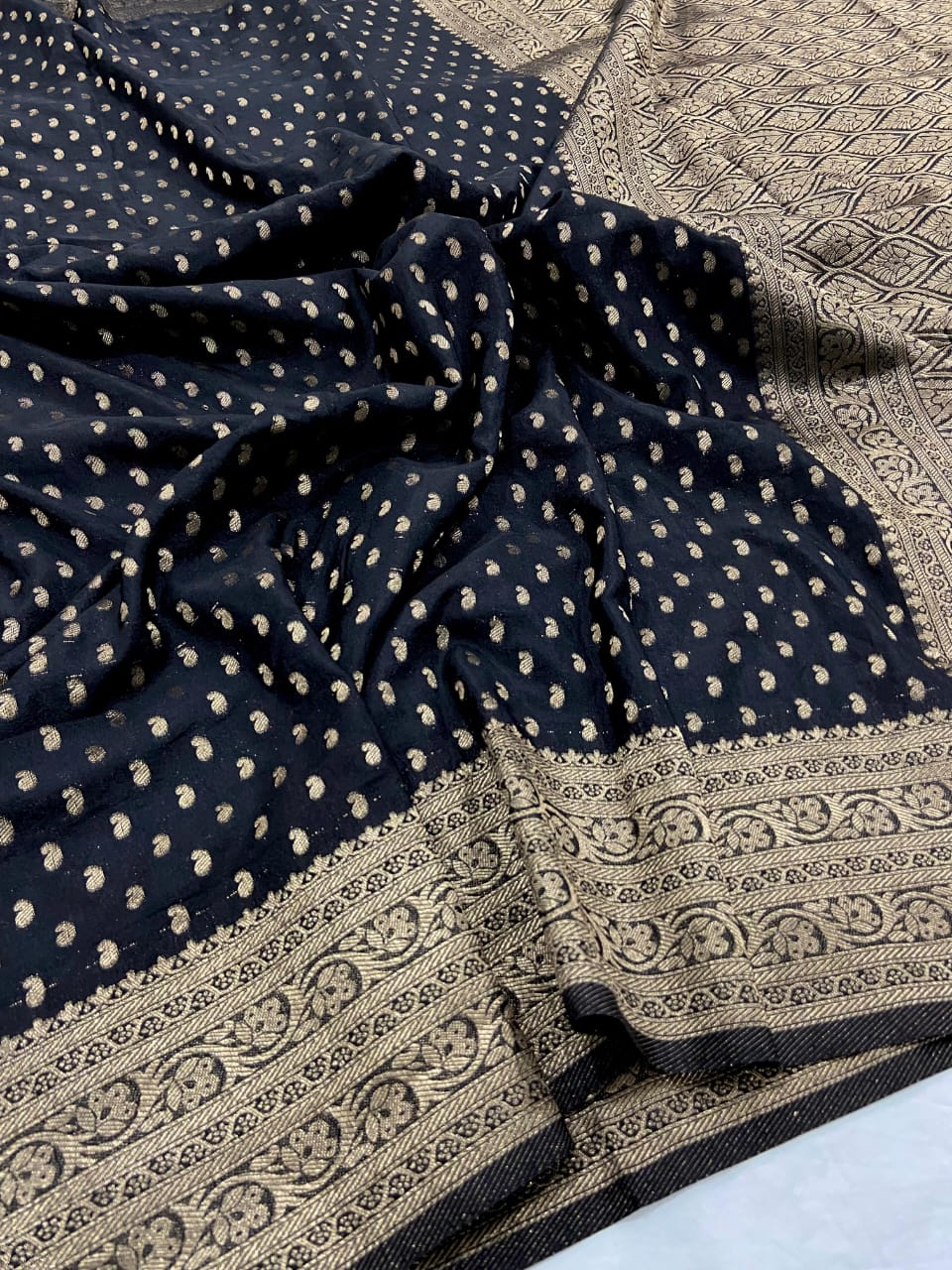 Black Pure Khadi Georgette Silk Saree with Rich Zari Butti & Pichwai Woven Border