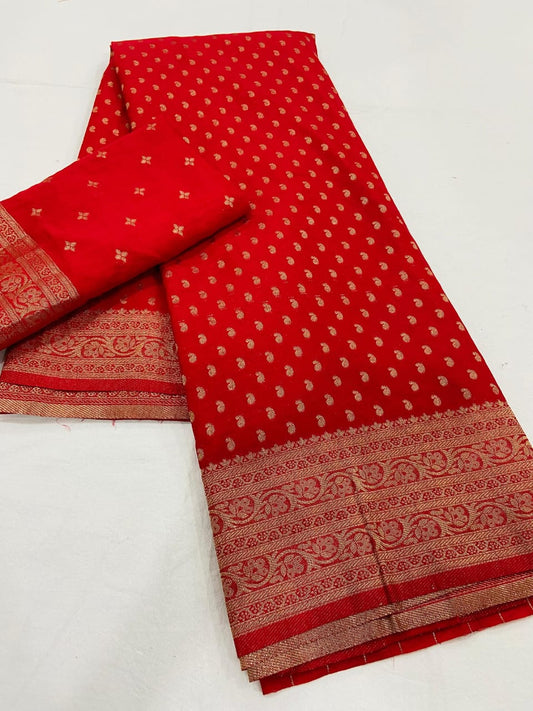 Red Pure Khadi Georgette Silk Saree with Rich Zari Butti & Pichwai Woven Border
