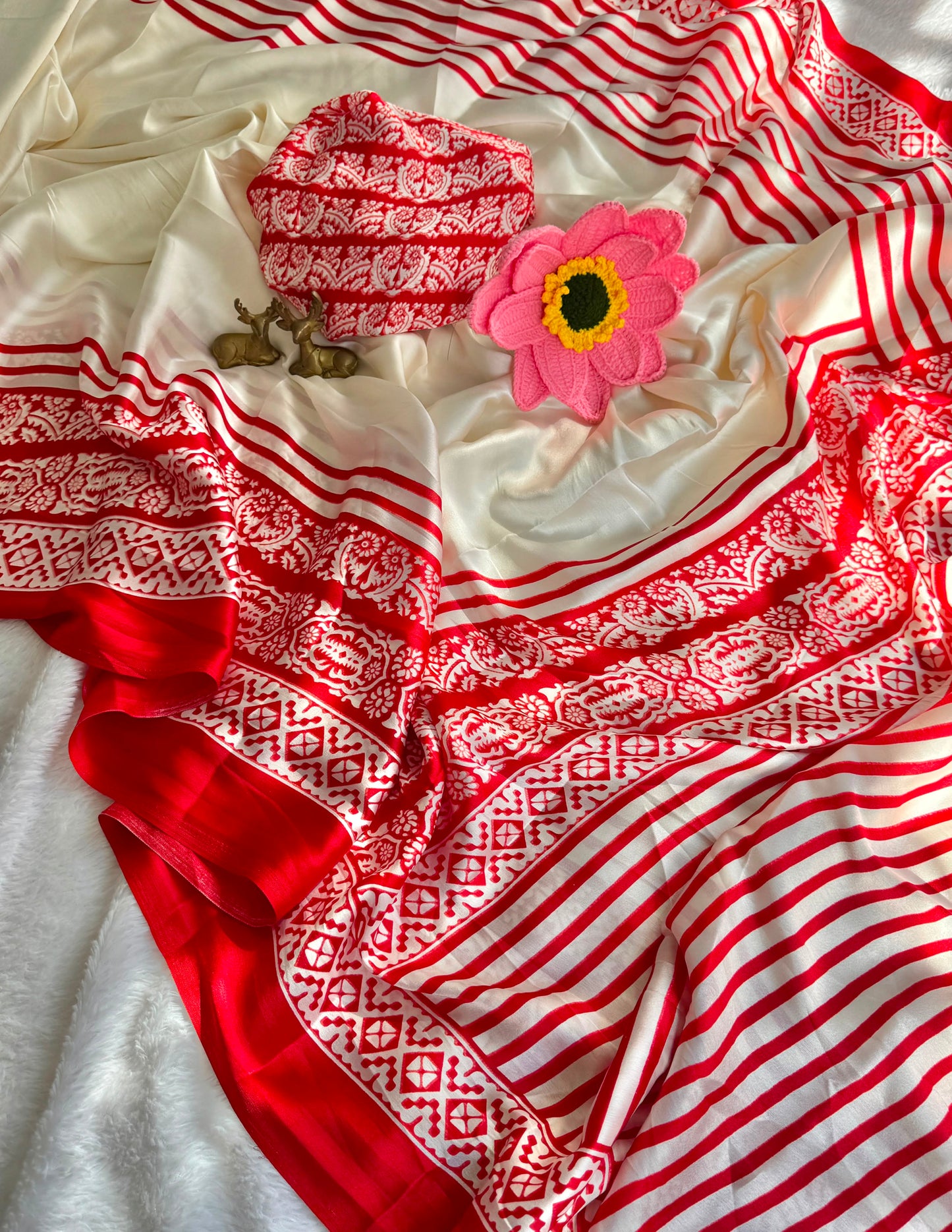 Elegant Off White & Red Printed Soft Satin Silk Saree with Traditional Border & Running Blouse