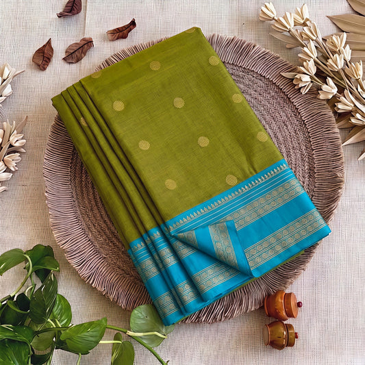 Parrot Green Semi Kanchi Soft Silk Saree with Aqua Blue Zari Border & Contrast Blouse