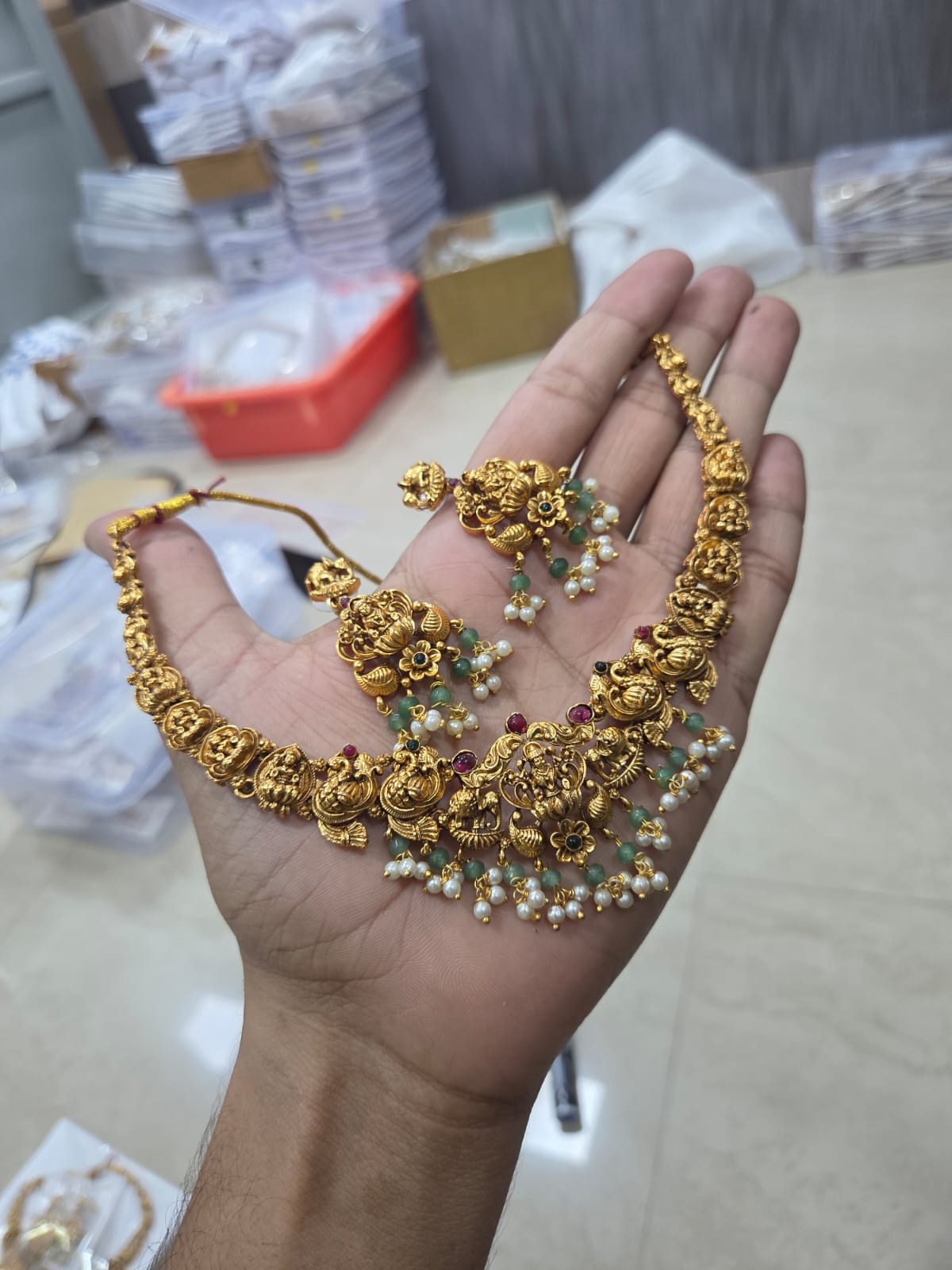 Premium Antique Gold Lakshmi Temple Choker Necklace Set with Pearl & Green Bead Drops | Bridal South Indian Jewellery