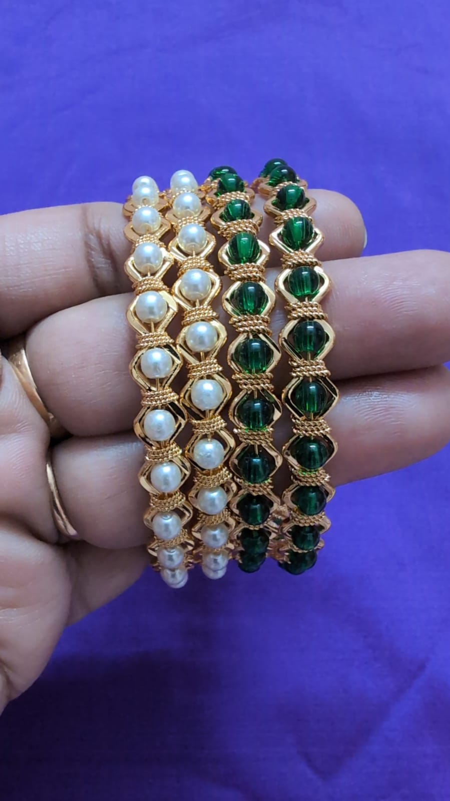 Premium Gold Plated Pearl & Emerald Green Crystal Bangles Set for Women | Designer Ethnic Kada Combo (Set of 4)