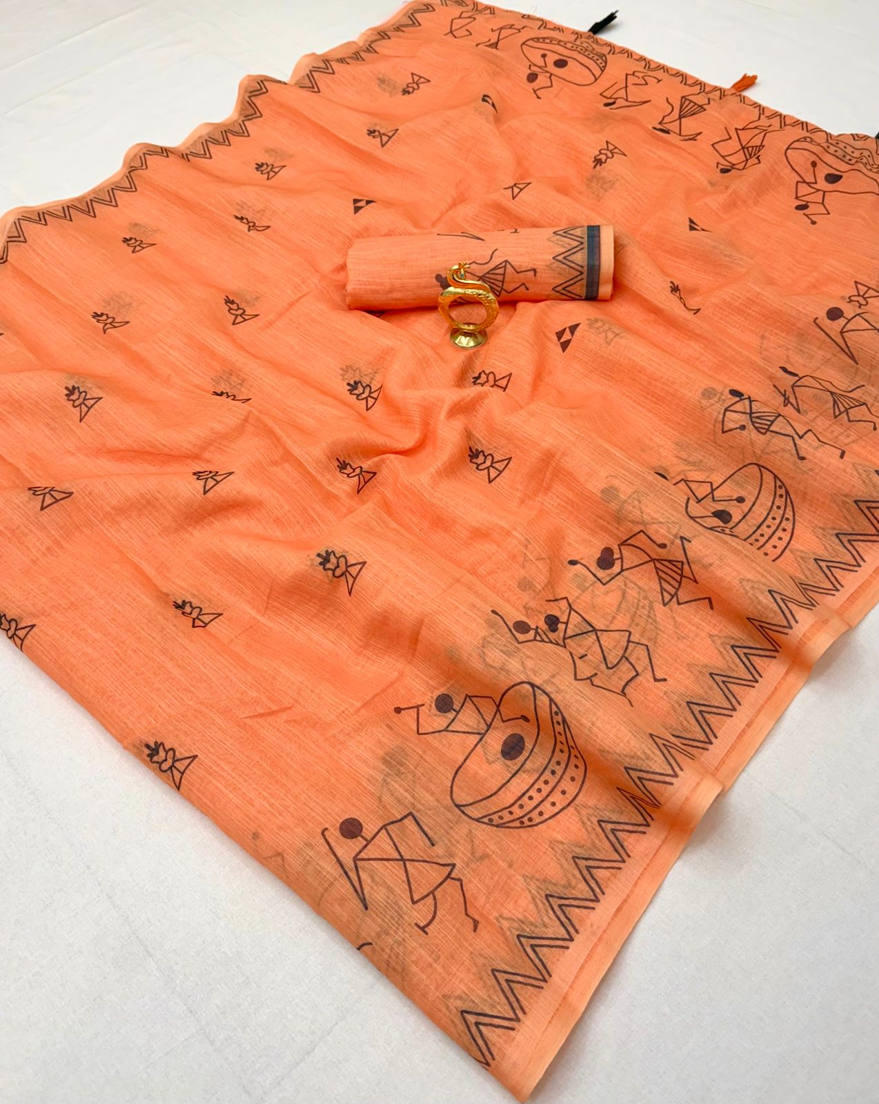 Peach Tribal Art Linen Cotton Saree with Warli Print & Tassel Pallu | Lightweight Ethnic Daily Wear