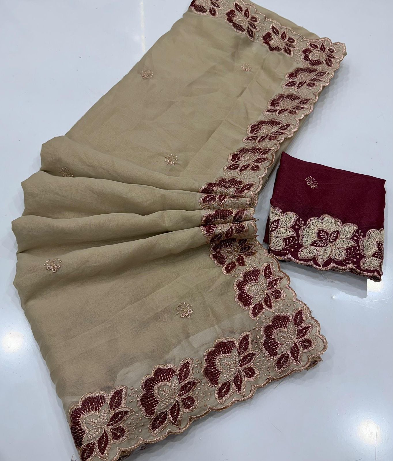 Royal Beige Star Georgette Saree with Maroon Floral Embroidery Border & Running Blouse