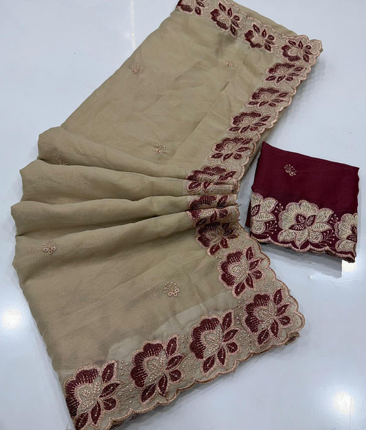 Royal Beige Star Georgette Saree with Maroon Floral Embroidery Border & Running Blouse