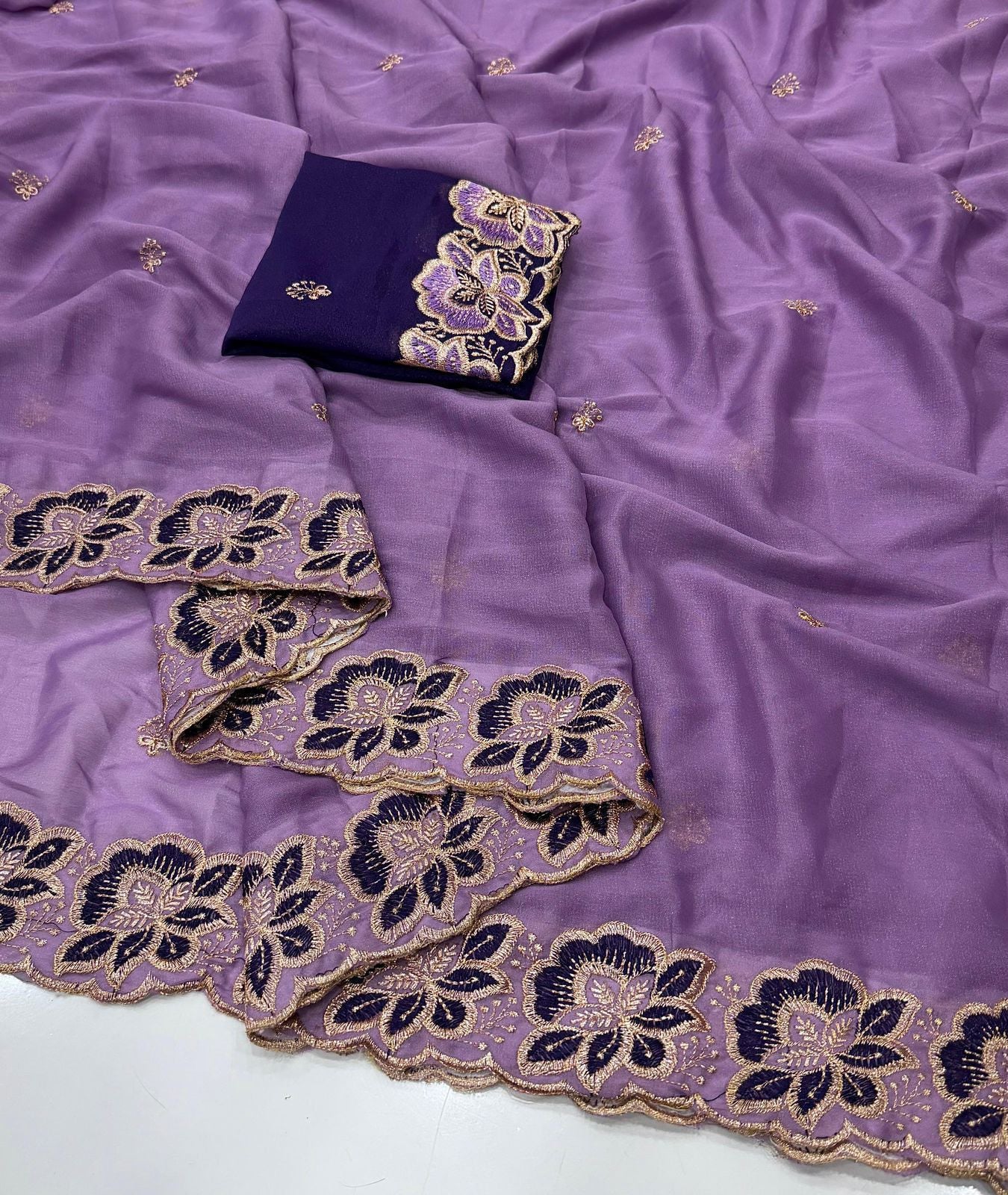 Lavender Bloom Star Georgette Saree with Floral Embroidery Border & Running Blouse