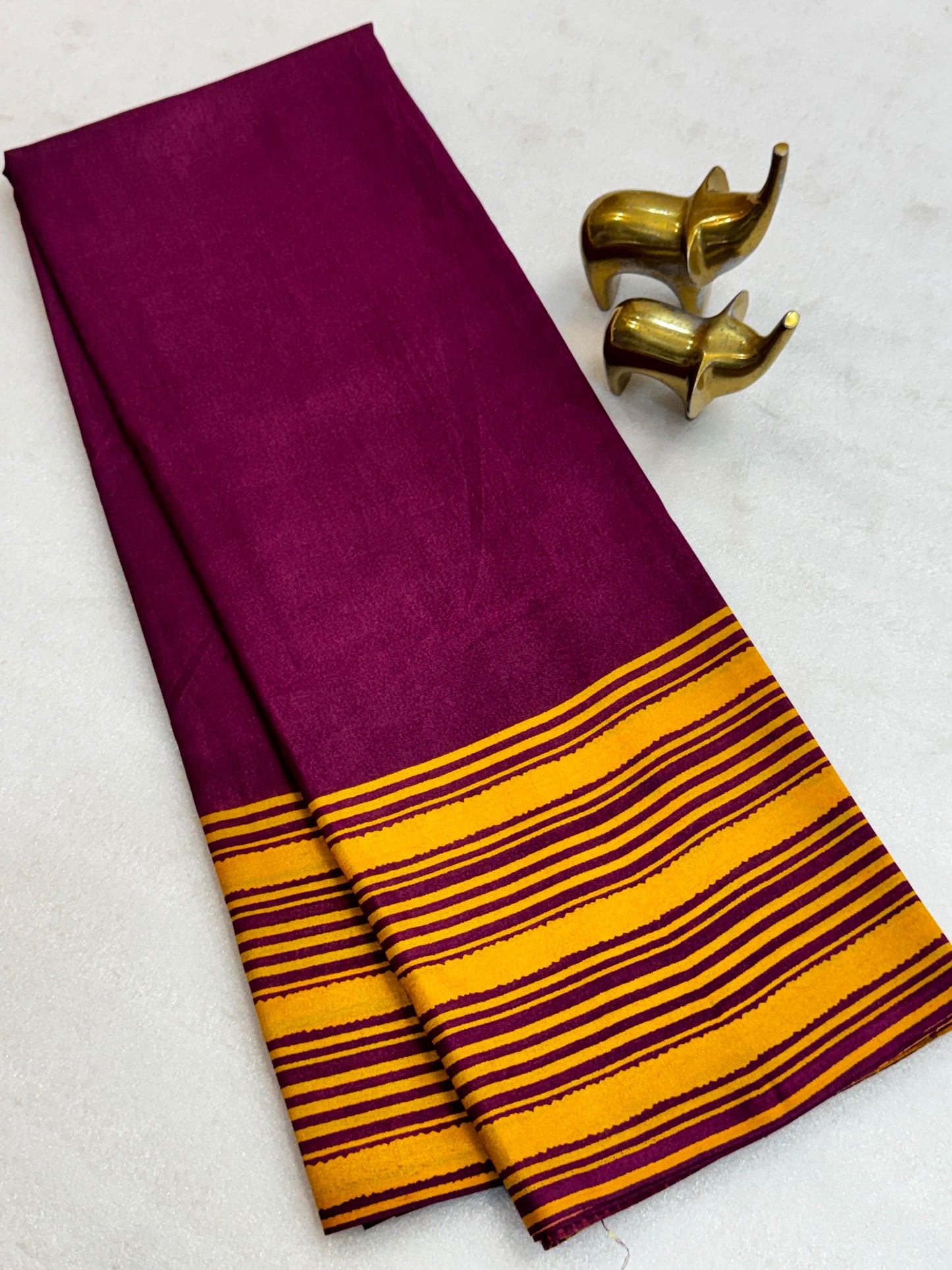 Royal Wine Purple Cracle Silk Saree with Mustard Striped Border & Running Blouse