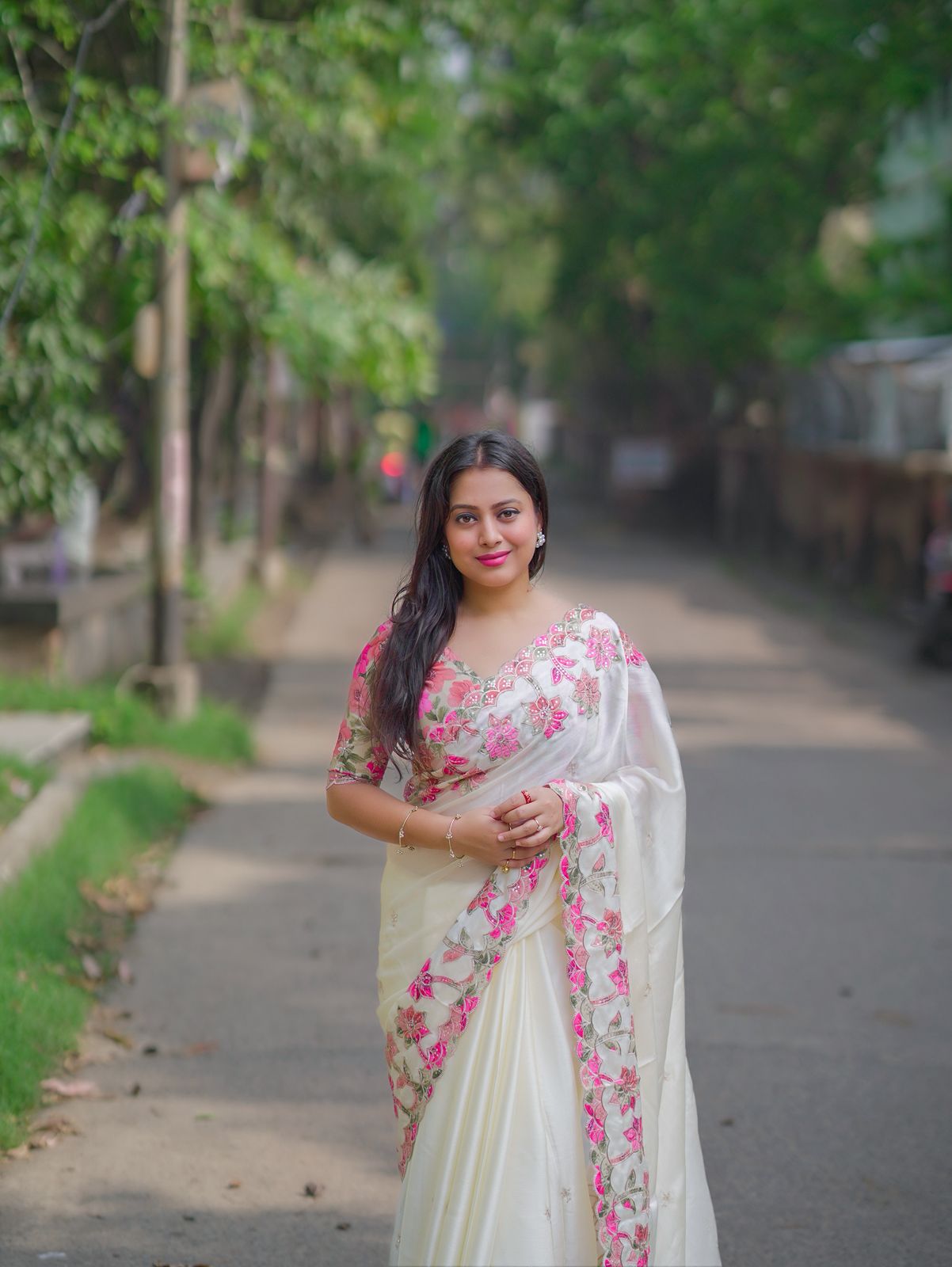 Premium Ivory White Satin Chiffon Saree with Floral Applique Embroidery & Designer Blouse