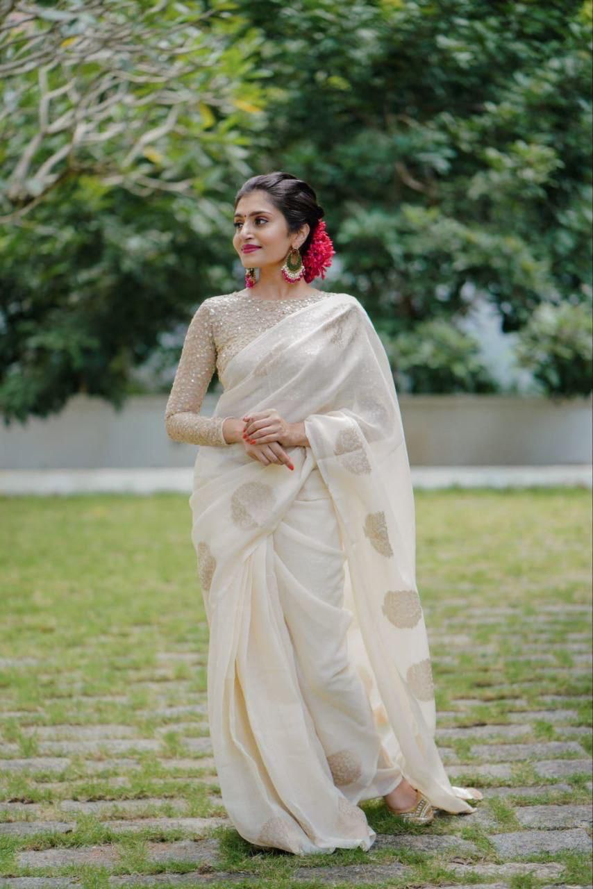 Premium Kerala Linen Off White Saree with Woven Zari Motifs & Heavy Sequin Blouse