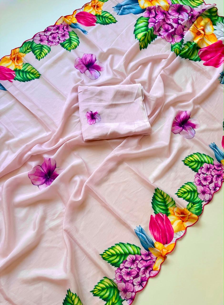 Bareli-3 Blush Pink Soft Shinon Saree with Floral Print & Contrast Arco Cutwork Border