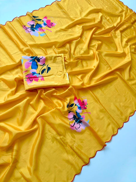 Bareli-3 Sunshine Yellow Soft Shinon Saree with Floral Print & Contrast Arco Cutwork Border