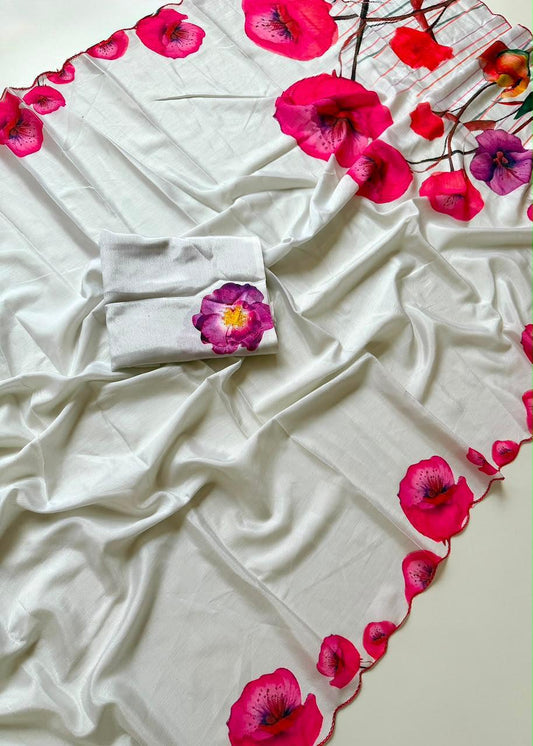 Pearl White Shinon Saree with Pink Blossom Floral Print
