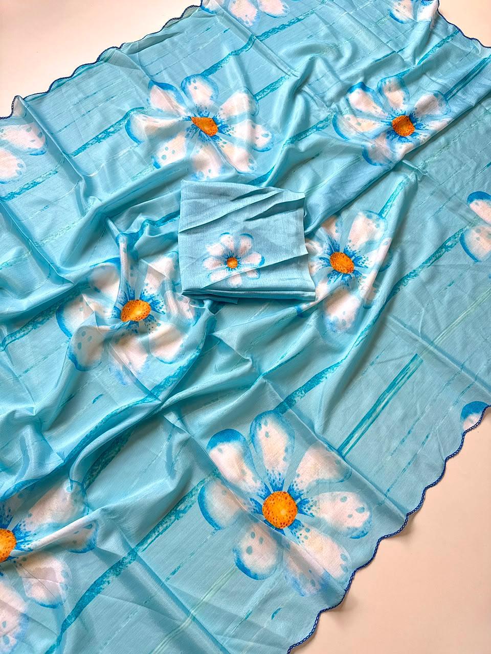 Bareli-3 Sky Blue Daisy Print Soft Shinon Saree with Contrast Arco Cutwork Border