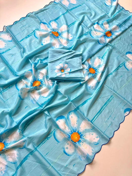 Bareli-3 Sky Blue Daisy Print Soft Shinon Saree with Contrast Arco Cutwork Border