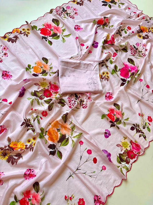 Bareli-3 Soft Lavender Pink Soft Shinon Saree with Vintage Floral Print & Contrast Arco Cutwork Border