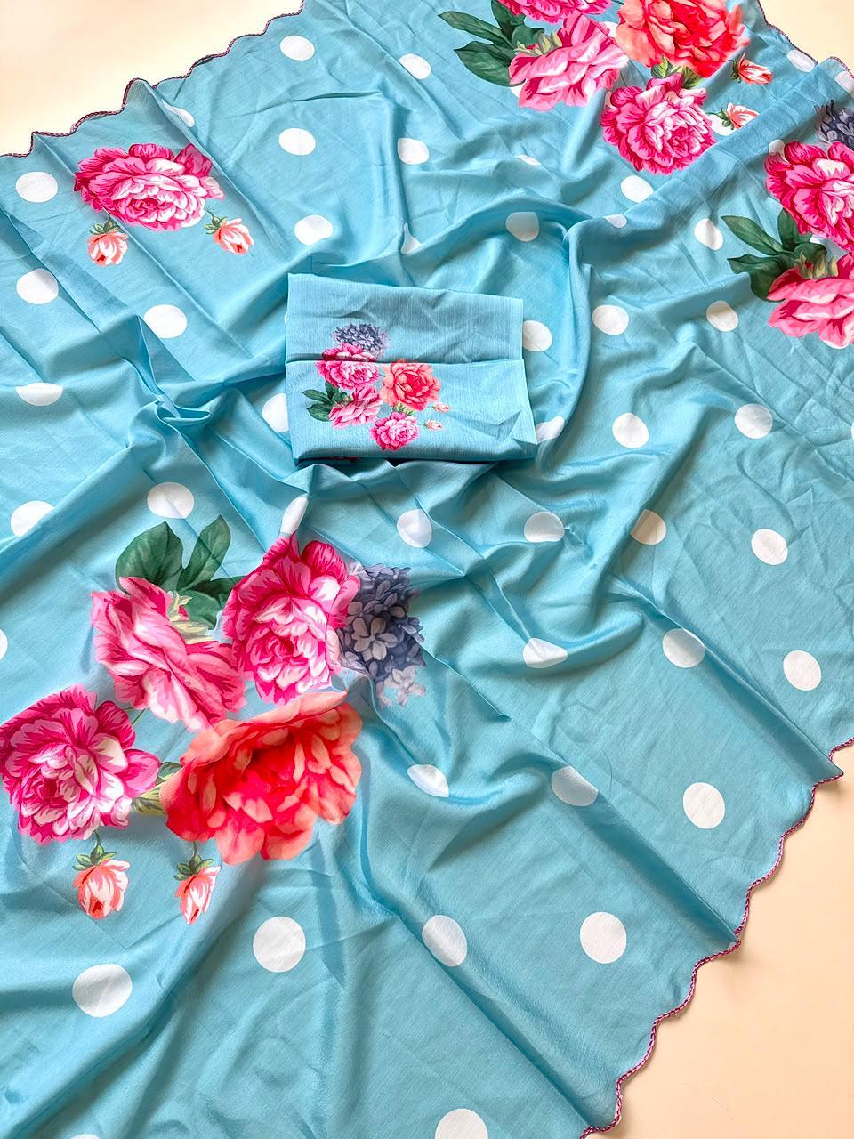 Bareli-3 Sky Blue Soft Shinon Saree with Floral Print & Contrast Arco Cutwork Border