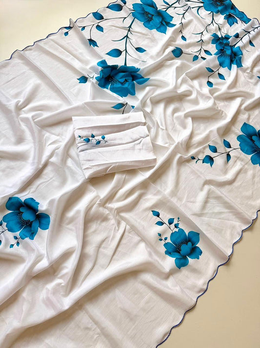Pearl White Blue Floral Print Shinon Saree