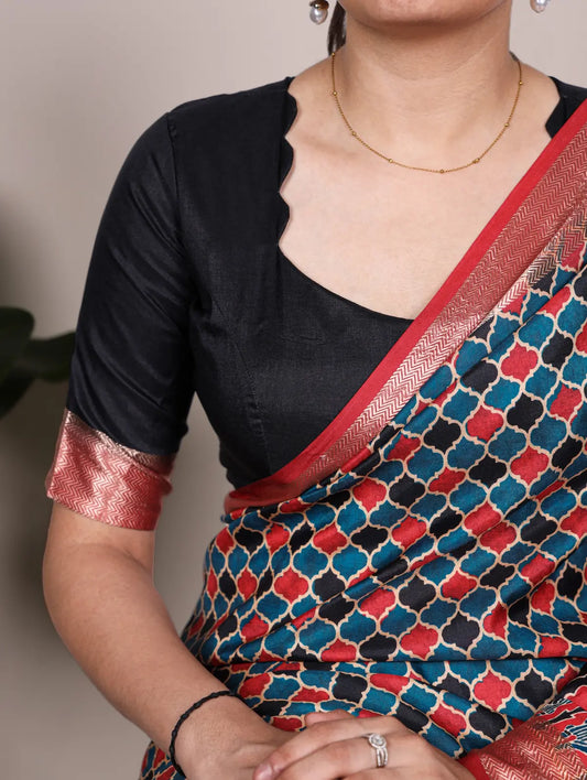 Teal Blue & Coral Red Printed Tasar Silk Saree with Rich Viscose Border and Heritage Motifs
