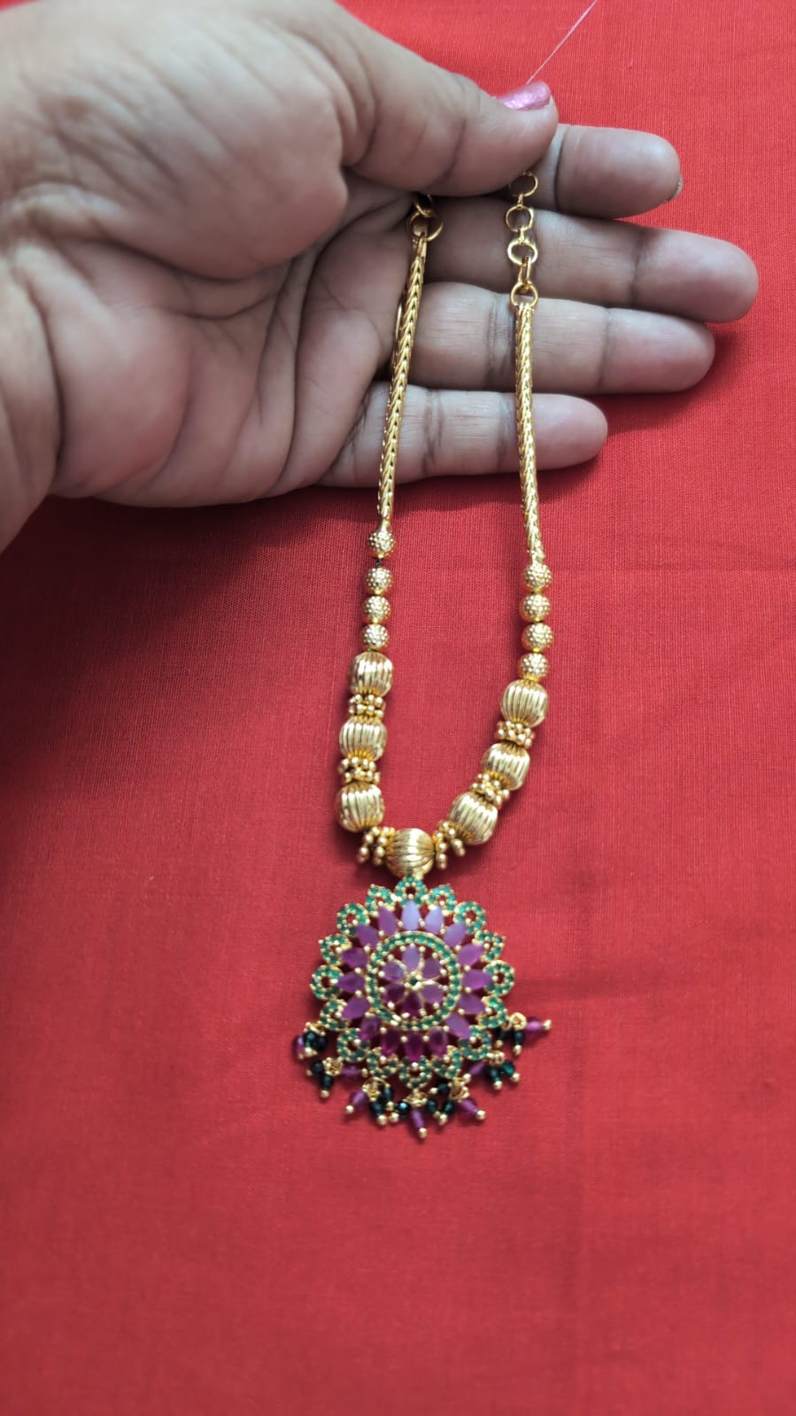 Premium Micro Gold Plated Gundu Beads Long Haram with Pink Floral Pendant for Women
