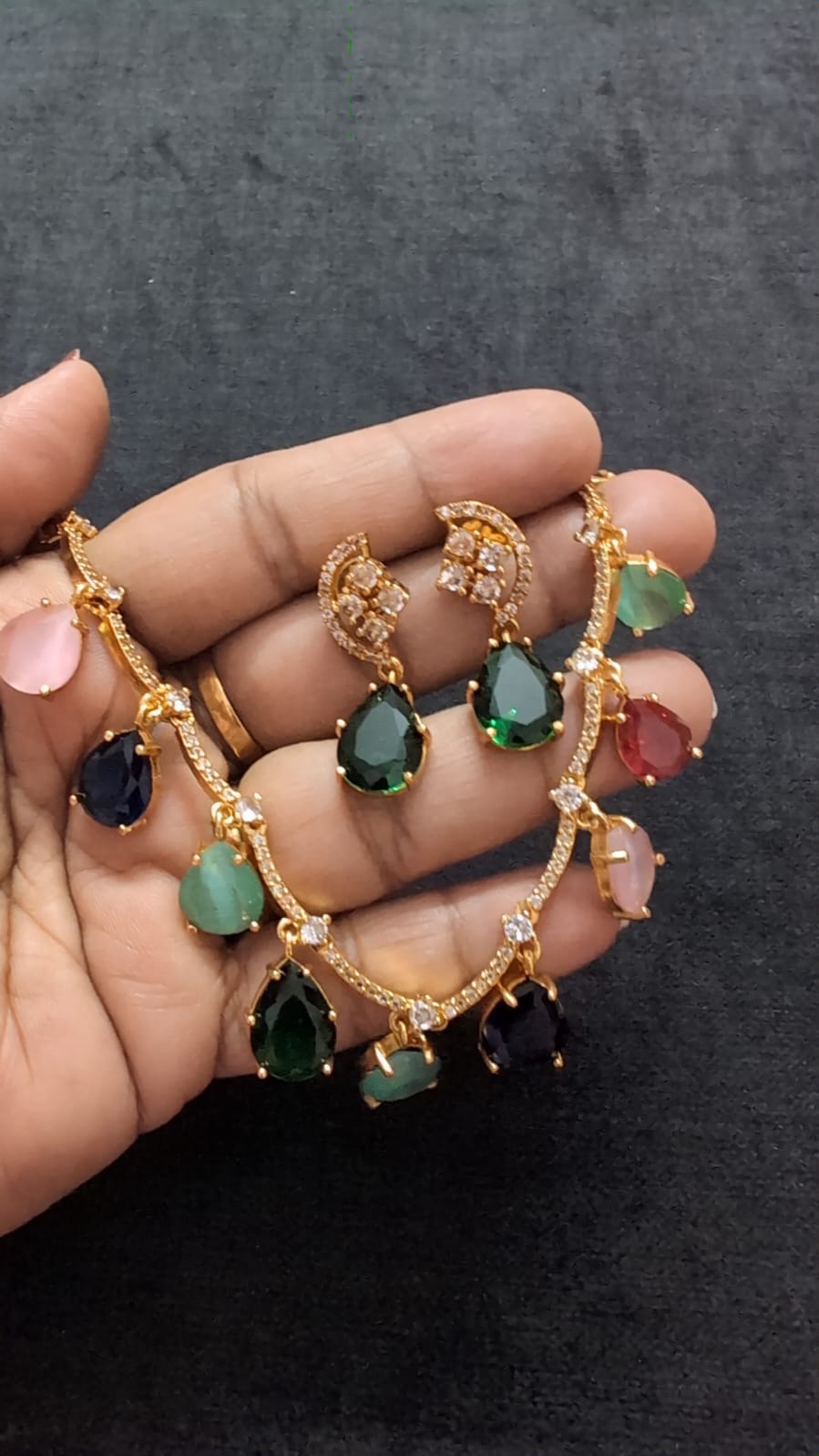 Premium Multicolor Crystal Drop Necklace Set with Green Stud Earrings | Gold Plated Party Wear Jewelry