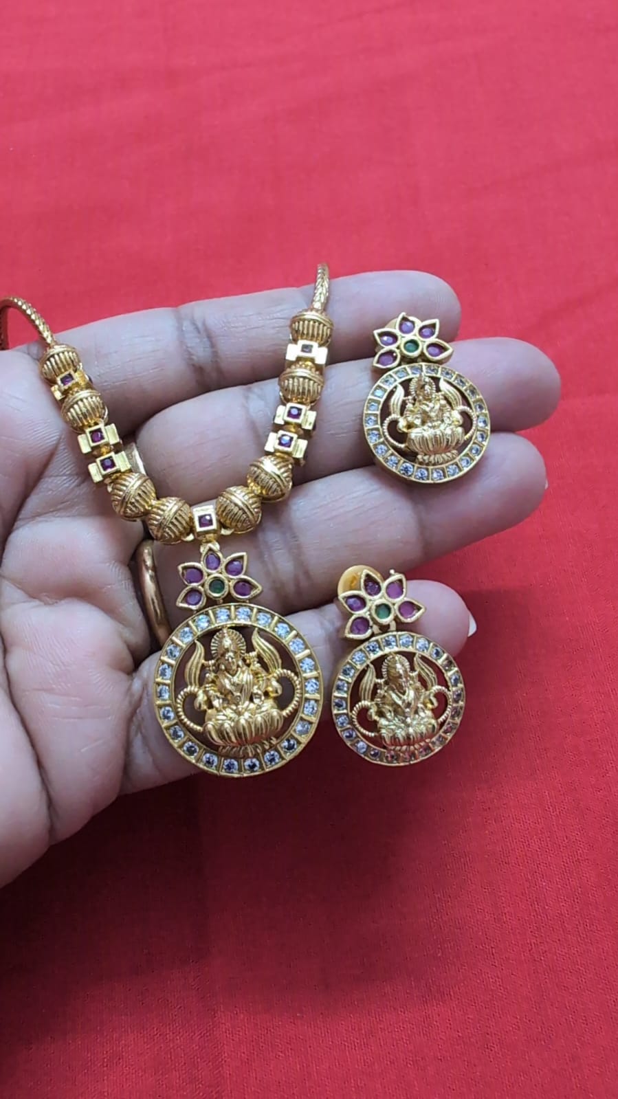 Premium Lakshmi Coin Pendant Necklace Set with Ruby Floral Design | Limited Edition Temple Jewellery