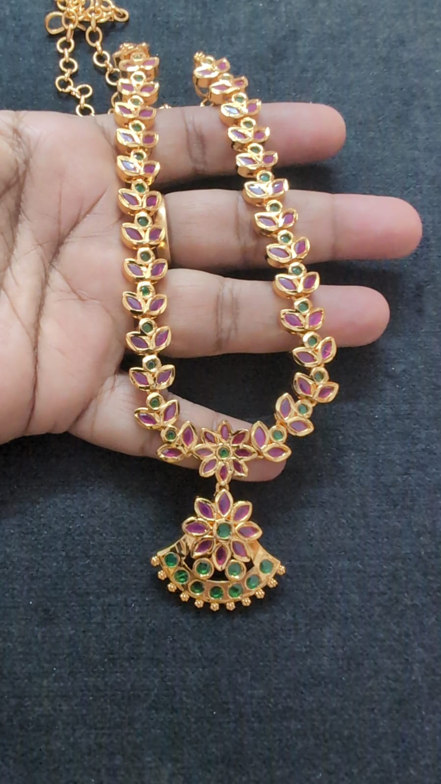 Premium Ruby Green Floral Necklace with Jhumka Pendant | 20 Inch Temple Design Necklace for Women