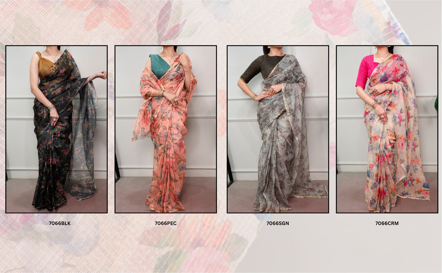 Rose Garden Floral Printed Kota Doria Saree with Elegant Chex Blouse