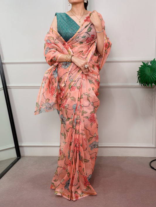 Peach Blossom Kota Doria Saree
