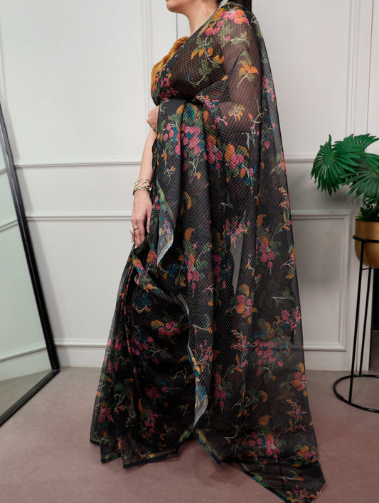 Midnight Bloom Kota Doria Saree