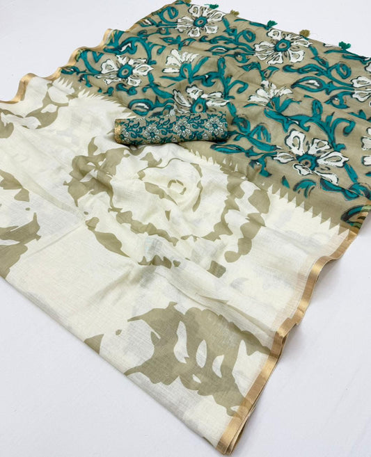 Ivory White Linen Kalamkari Saree