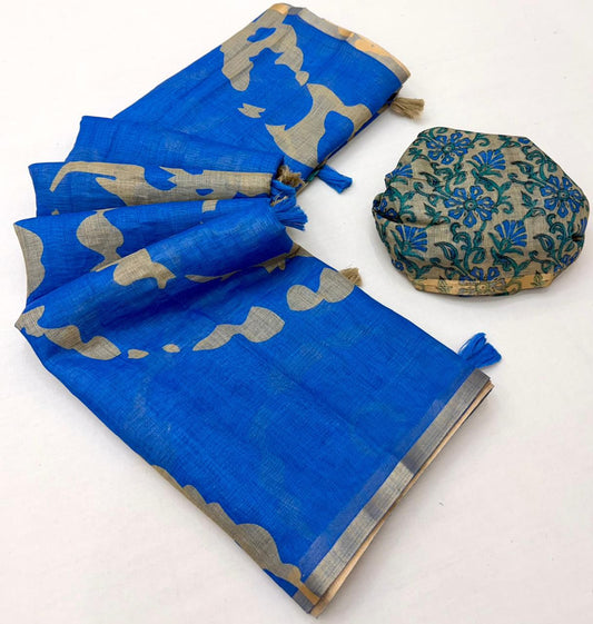 Royal Blue Linen Kalamkari Saree