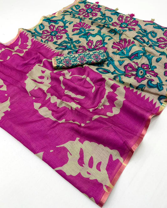 Rani Pink Linen Kalamkari Saree
