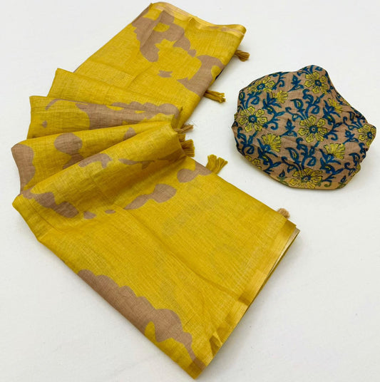 Mustard Yellow Linen Kalamkari Saree