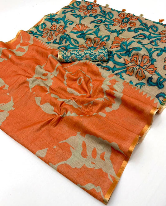 Peach Orange Linen Kalamkari Saree