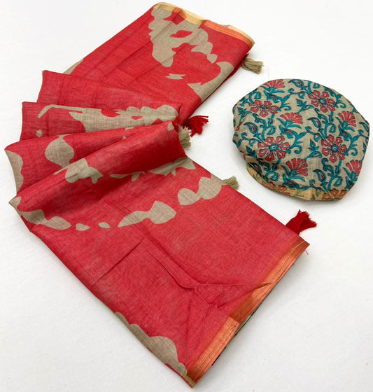 Coral Pink Linen Kalamkari Saree