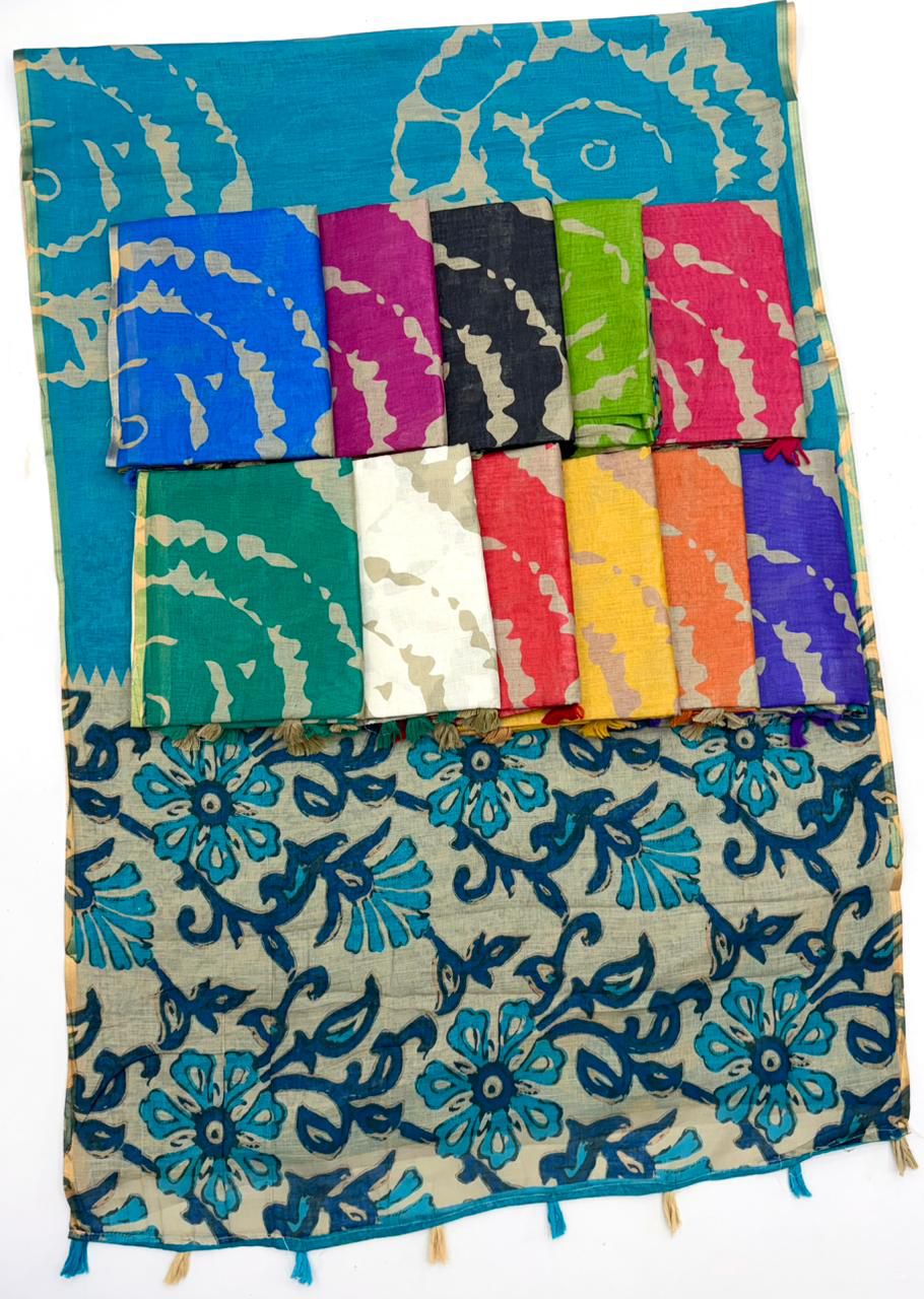 Lavender Purple Kalamkari Print Linen Saree with Floral Pallu & Zari Border