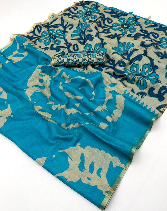 Sky Blue Linen Kalamkari Saree
