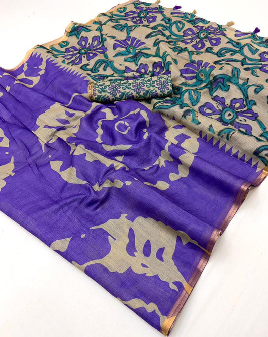 Lavender Purple Linen Kalamkari Saree