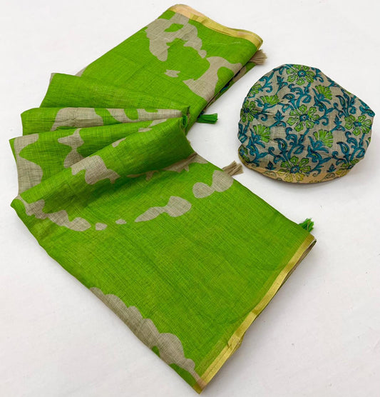Lime Green Linen Kalamkari Saree
